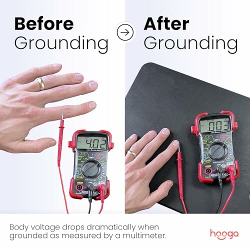 Comparison of body voltage measurement before and after grounding using a multimeter.