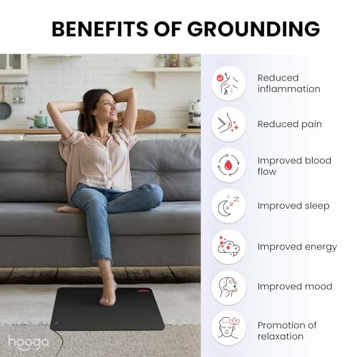 Woman on couch with grounding mat, listing benefits: reduced inflammation, pain, improved blood flow, sleep, energy, mood, and relaxation.