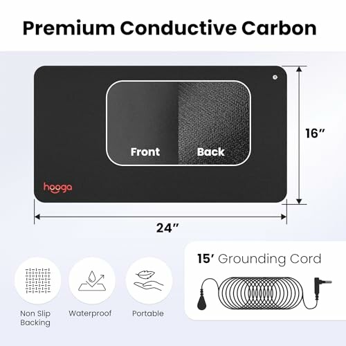 Premium conductive carbon mat with front and back sides, non-slip backing, waterproof, portable, 15-foot grounding cord.
