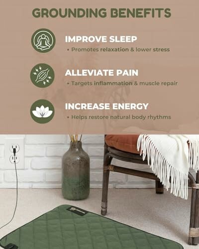Infographic explaining grounding benefits: improve sleep, alleviate pain, increase energy.