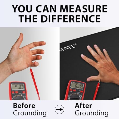 Comparison of electrical readings before and after grounding using a multimeter.