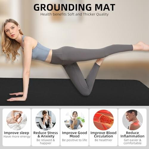Woman exercising on a grounding mat with health benefits listed.