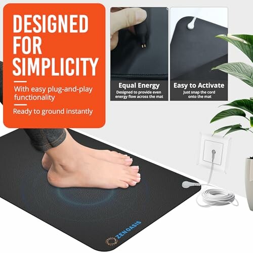 Foot on grounding mat with plug and play functionality, plant nearby.