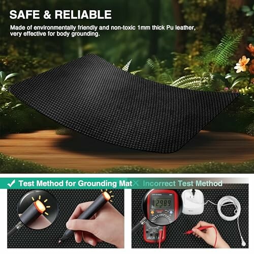 Grounding mat with safety features and test methods.