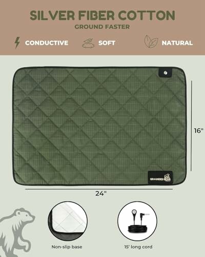 Silver fiber cotton grounding mat with non-slip base and 15-foot cord.