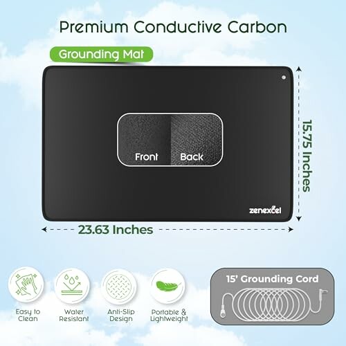 Premium conductive carbon grounding mat with dimensions and features.