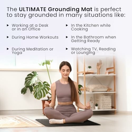 Woman meditating on a grounding mat with text about its uses.