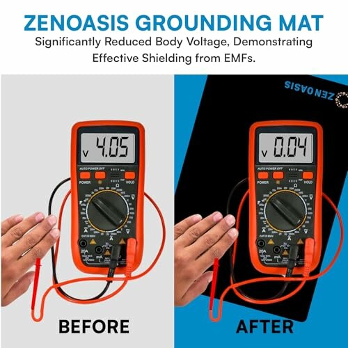 Comparison of multimeter readings before and after using Zenoasis grounding mat, showing reduced body voltage.