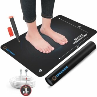 Person standing on a Zenoasis portable grounding mat with accessories.